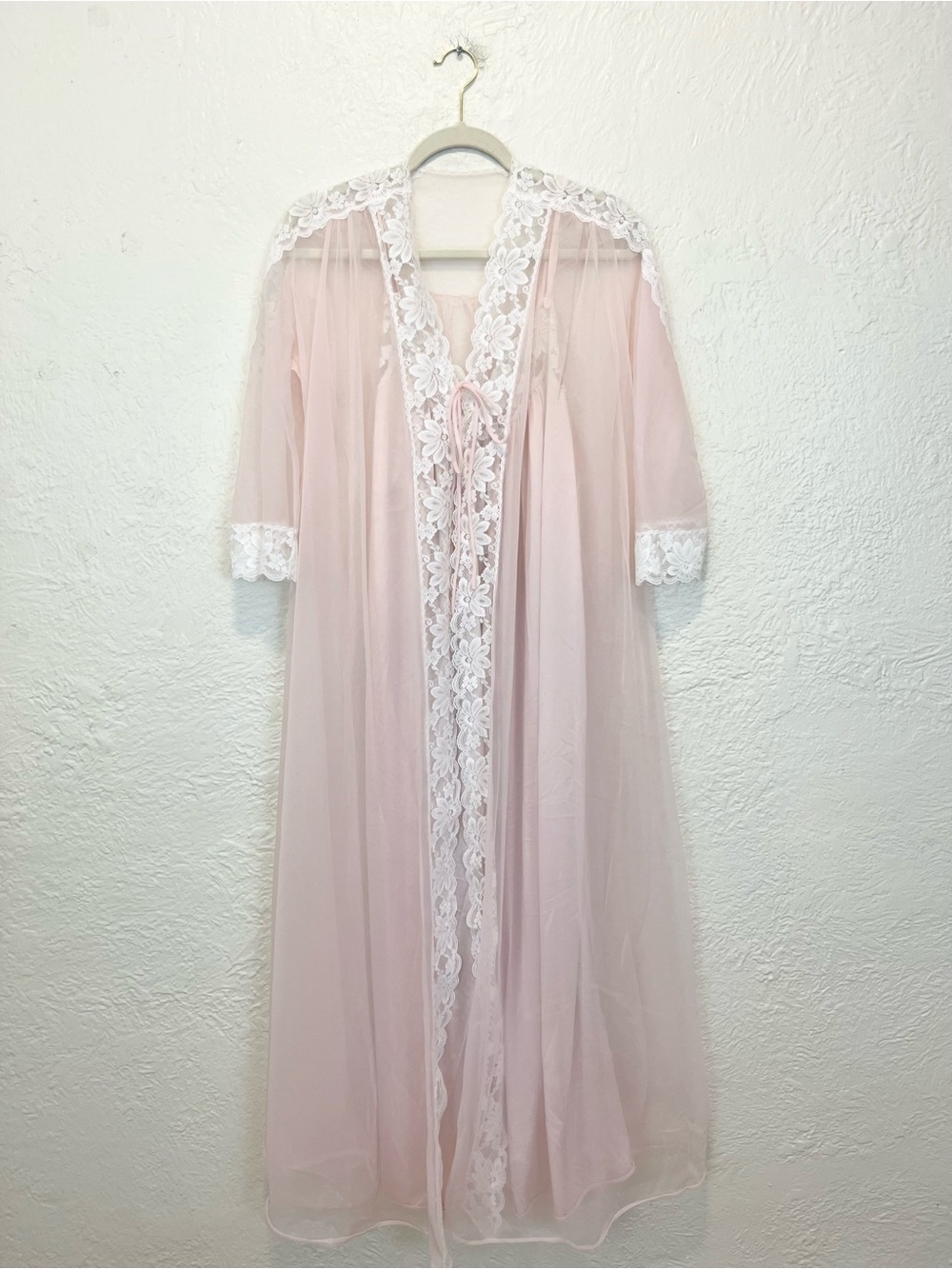 Val Mode Vintage Peignoir Set Nightgown Robe Light Pink White Lace Trim Small S - Picture 4 of 15